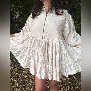 Free People Cream White Ruffled Boho Long Sleeve Mini Dress SZ. XS EUC